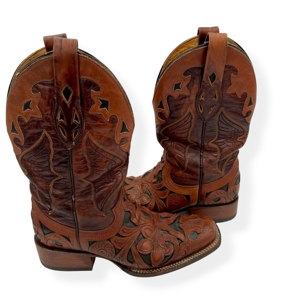 Corral Women's 6.5 M Brown Floral Overlay Cutout Leather Square Toe Cowboy Boots
